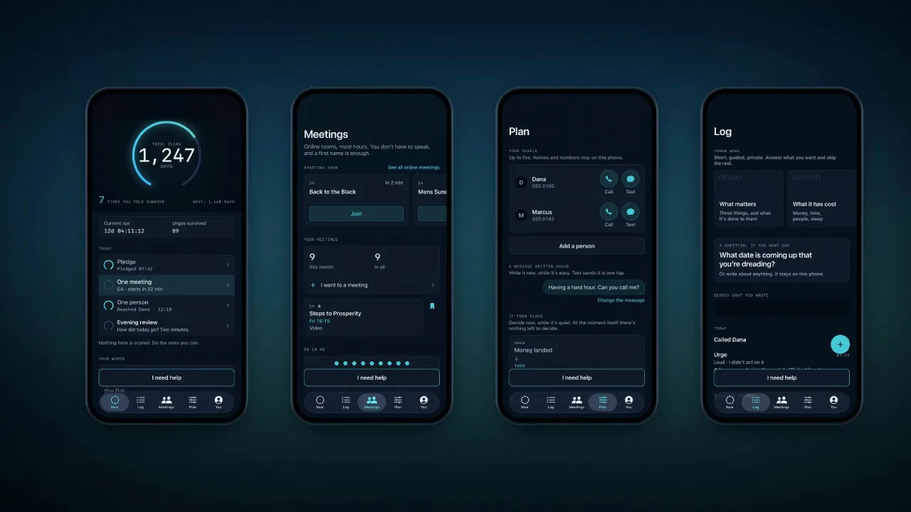 Four screens of Limiter side by side: Now, Meetings, Plan with your people, and Log.
